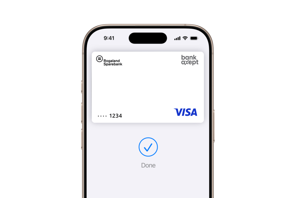 IPhone viser et digitalt betalingskort med bekreftelse 'Done'.