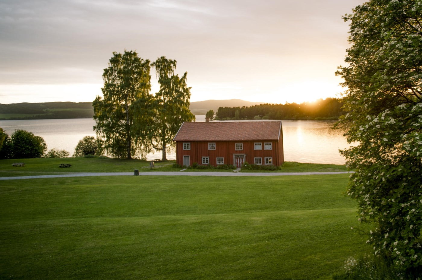 Rødt hus, grønn gressplen og trær i solnedgangen. foto